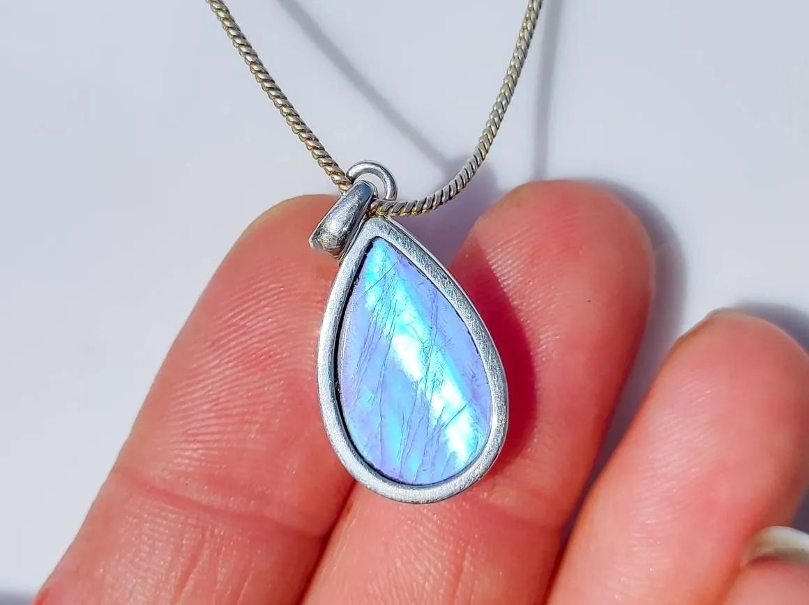 Indian Rainbow Moonstone Tear Drop Pendant Necklace