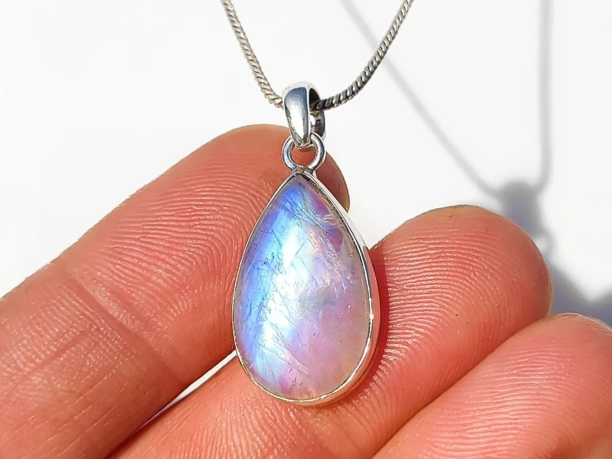 Indian Rainbow Moonstone Tear Drop Pendant Necklace