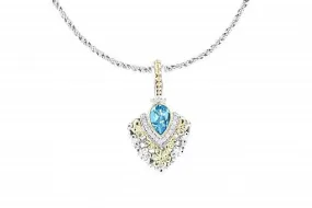 Italian Sterling Silver Pendant with a blue topaz center stone, 0.15ct white diamonds and 14K solid yellow gold accents. The chain is included.