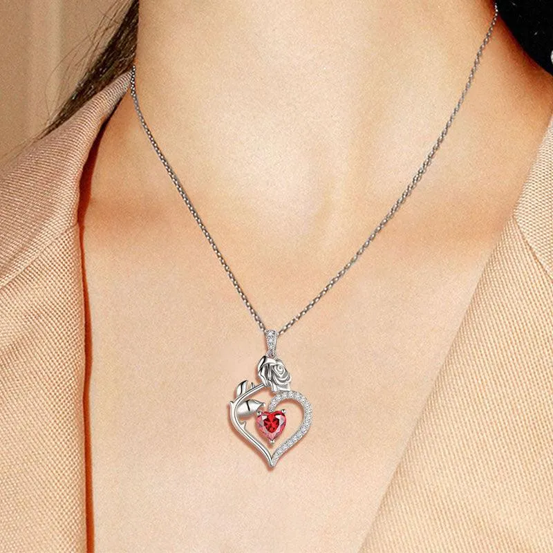 January Garnet Necklace Women Heart Birthstone Pendant Flower Rose Jewelry Birthday Gifts