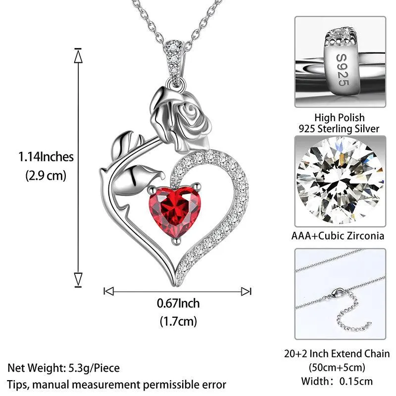 January Garnet Necklace Women Heart Birthstone Pendant Flower Rose Jewelry Birthday Gifts