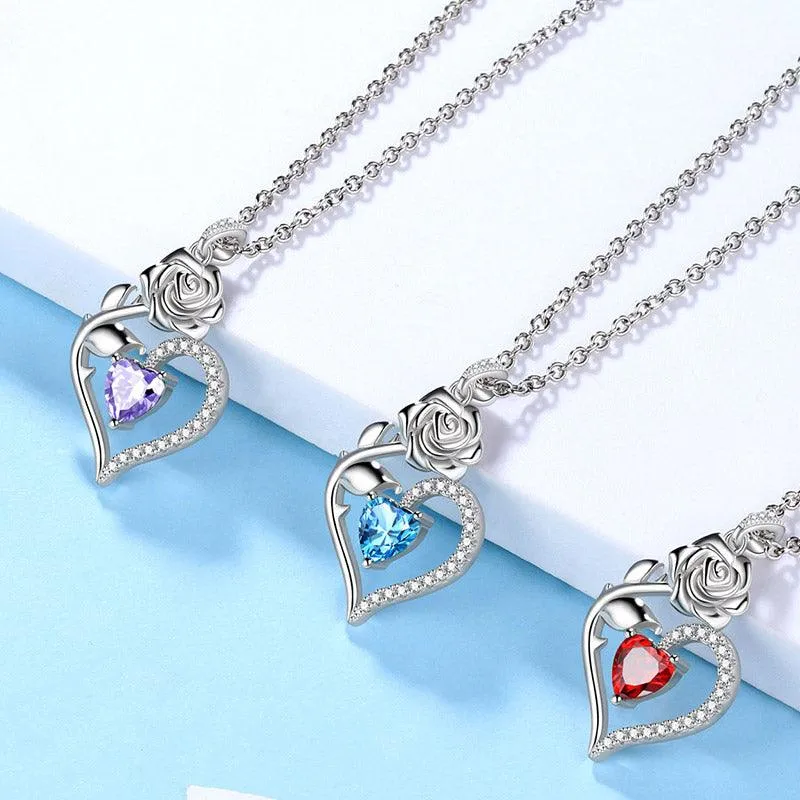 January Garnet Necklace Women Heart Birthstone Pendant Flower Rose Jewelry Birthday Gifts