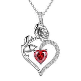 January Garnet Necklace Women Heart Birthstone Pendant Flower Rose Jewelry Birthday Gifts