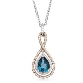 Jewelili  Sterling Silver and 10K Rose Gold With London Blue Topaz and 1/4 CTTW Diamonds Two Tone Infinity Teardrop Pendant Necklace
