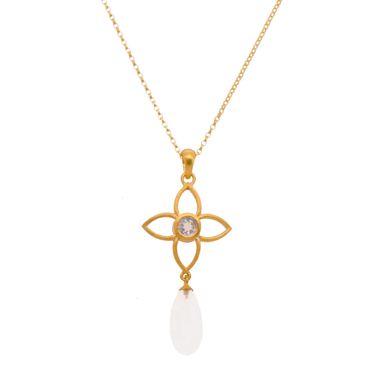 Joy Flower 20mm Drop Rainbow Moonstone Matte 24K Gold Vermeil Pendant
