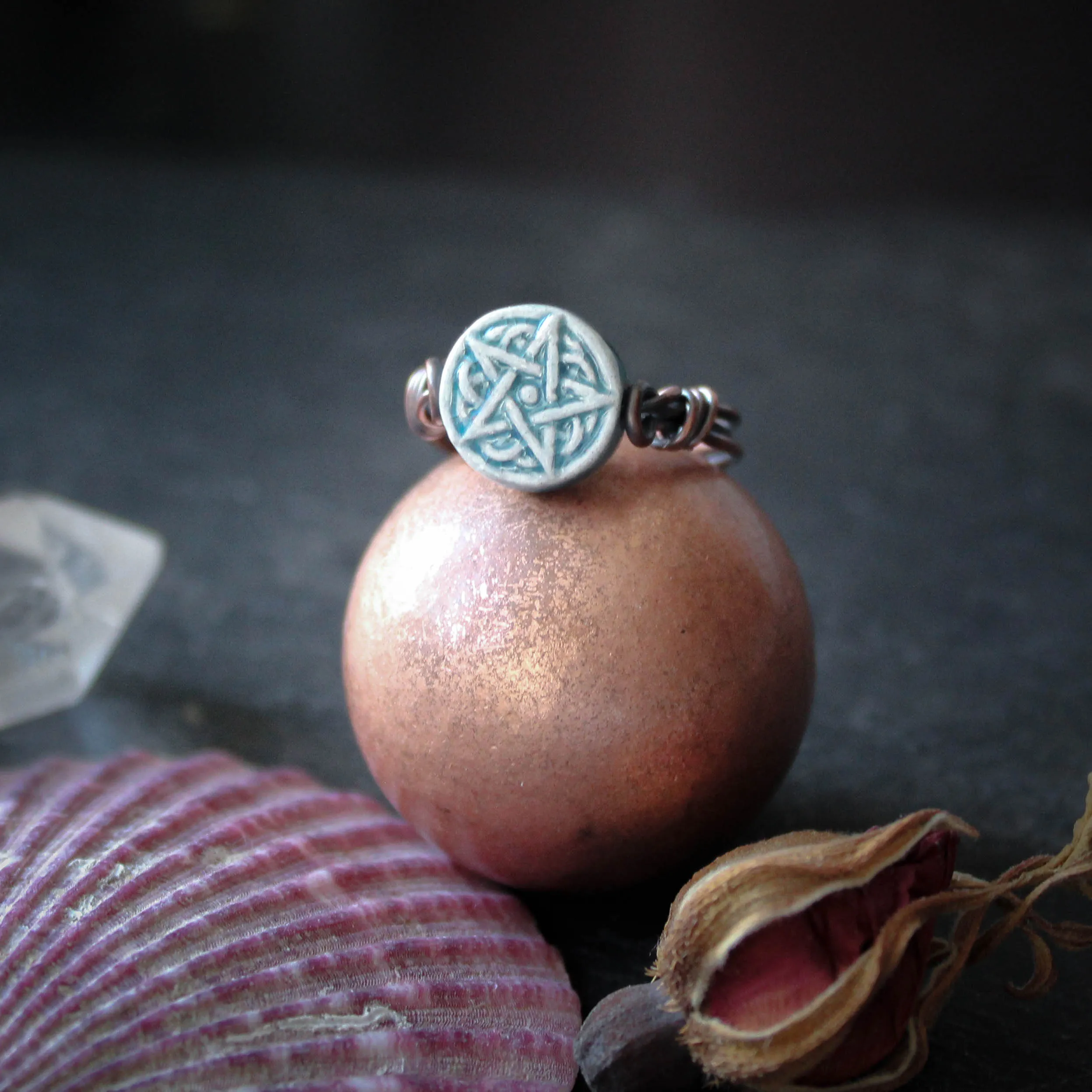 Kitchen Witches Raku Teal Pentagram Ring in Wire Wrapped Copper. Size US 8 UK P.