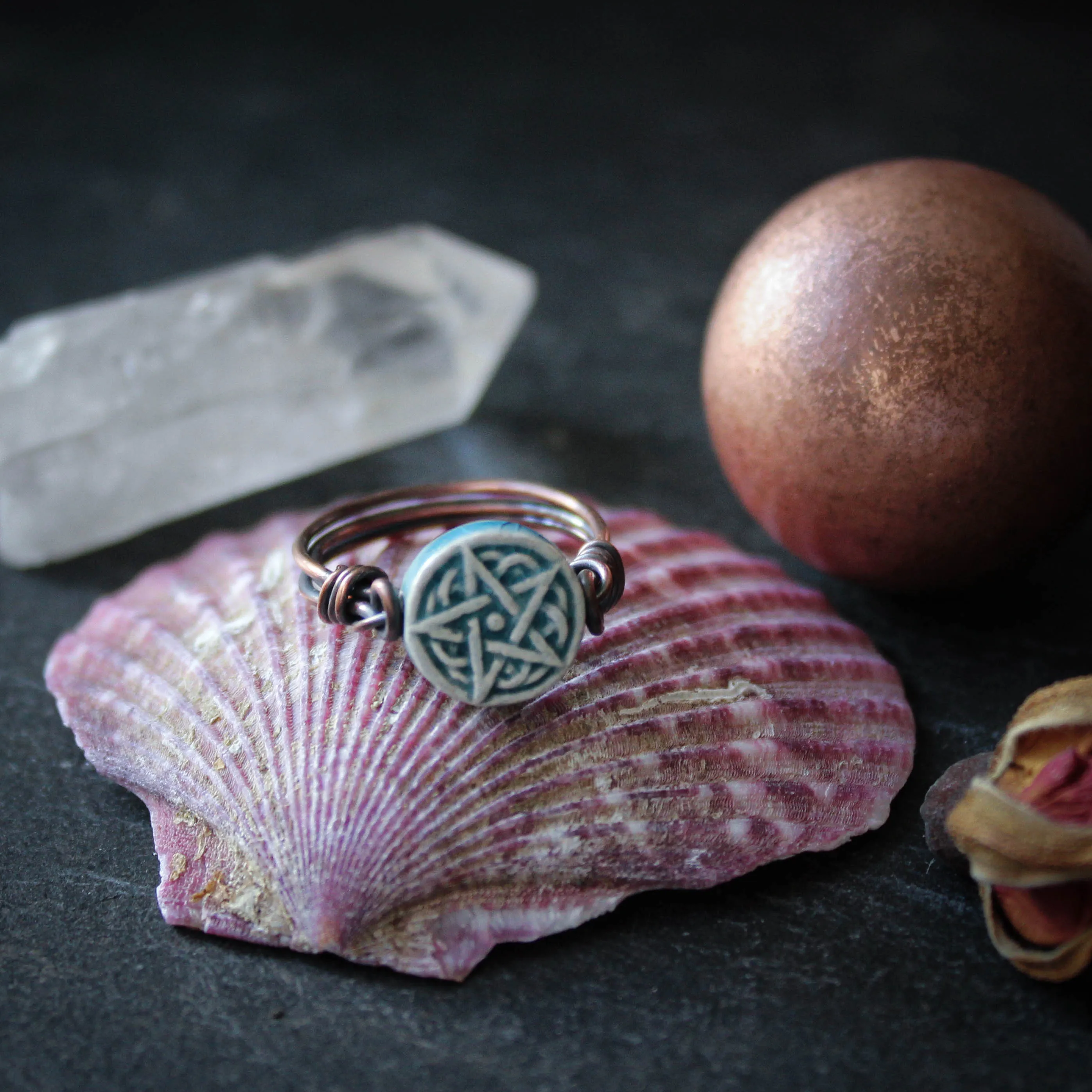 Kitchen Witches Raku Teal Pentagram Ring in Wire Wrapped Copper. Size US 8 UK P.