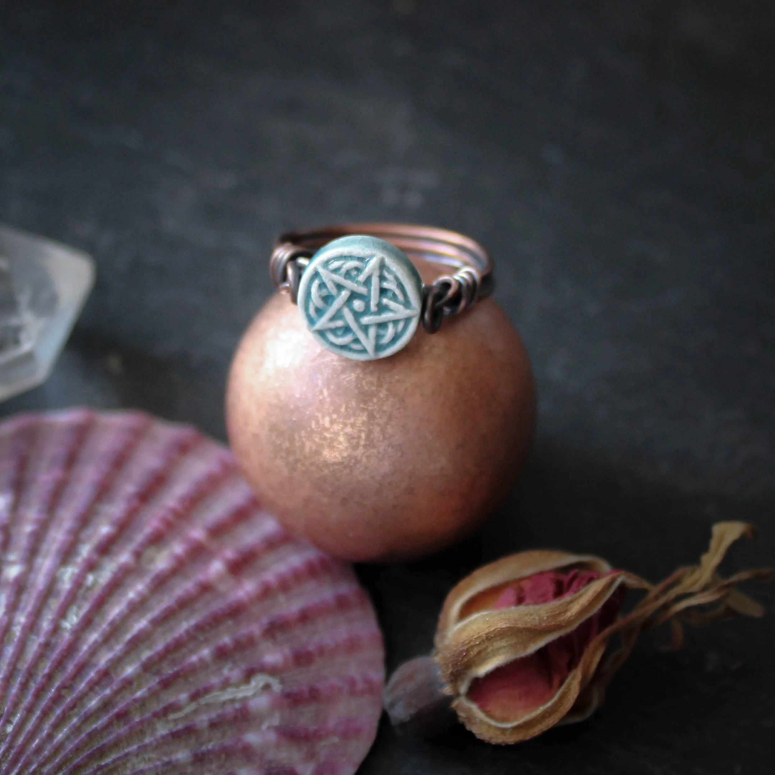 Kitchen Witches Raku Teal Pentagram Ring in Wire Wrapped Copper. Size US 8 UK P.