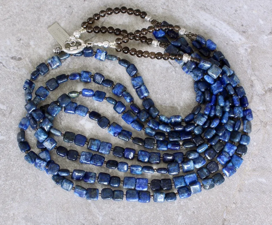 Lapis Lazuli Squares 4-Strand Necklace with Smoky Quartz Rounds & Rondelles, Hill Tribe Silver Ornate Rondelles, and a Sterling Silver Toggle Clasp