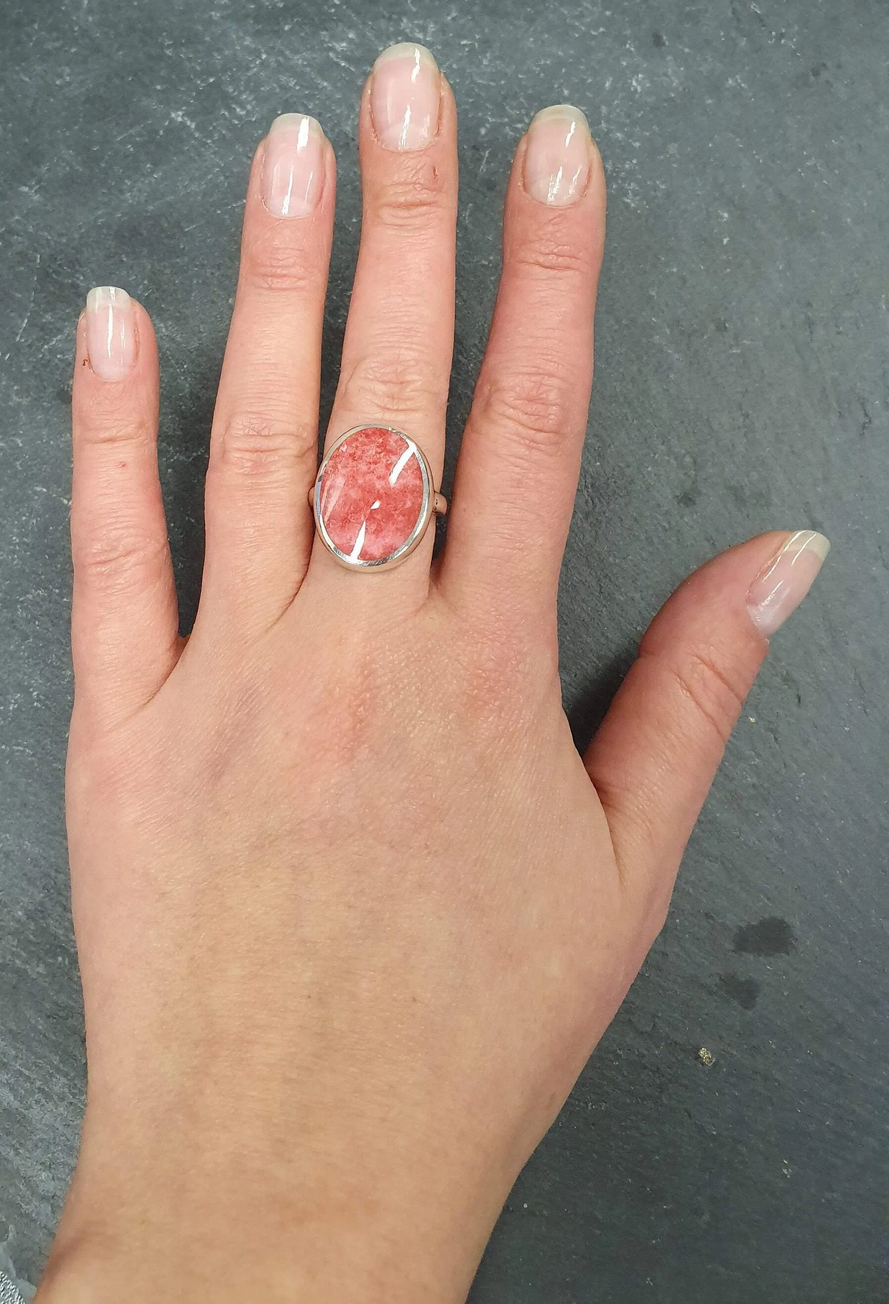 Large Pink Ring - Rhodochrosite Ring - Vintage Oval Ring