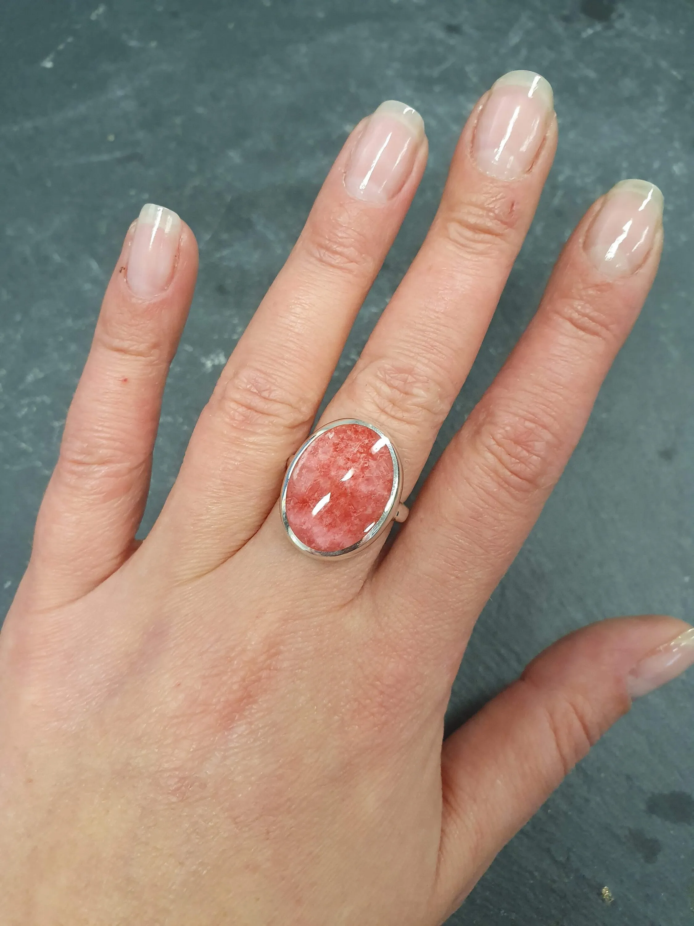 Large Pink Ring - Rhodochrosite Ring - Vintage Oval Ring