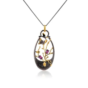 Light and Luxury Design Natural Rose Garnet Butterfly and Flower Pendant Silver Necklace for Women