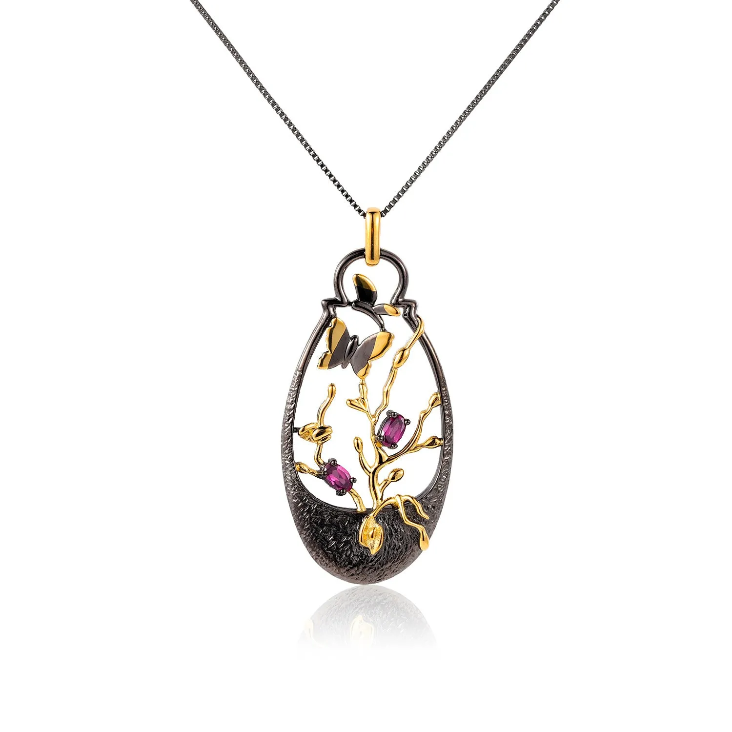 Light and Luxury Design Natural Rose Garnet Butterfly and Flower Pendant Silver Necklace for Women