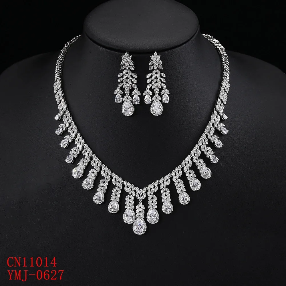 Luxury 2pcs Water Drop Cubic Zirconia Necklace And Earrings For Bride Wedding Jewelry Set Celebration Accessories CN11014