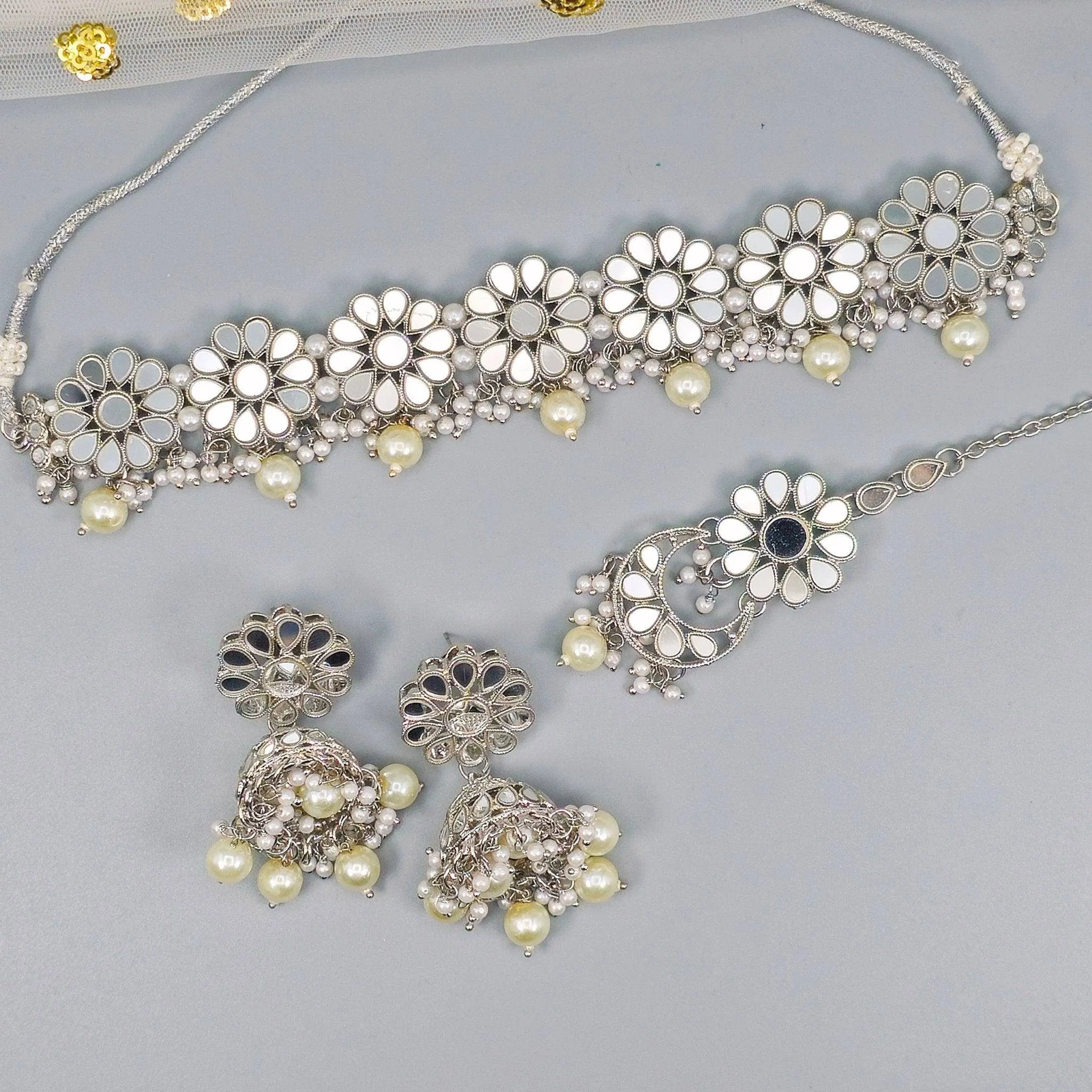Manara Mirror Necklace Set - Silver