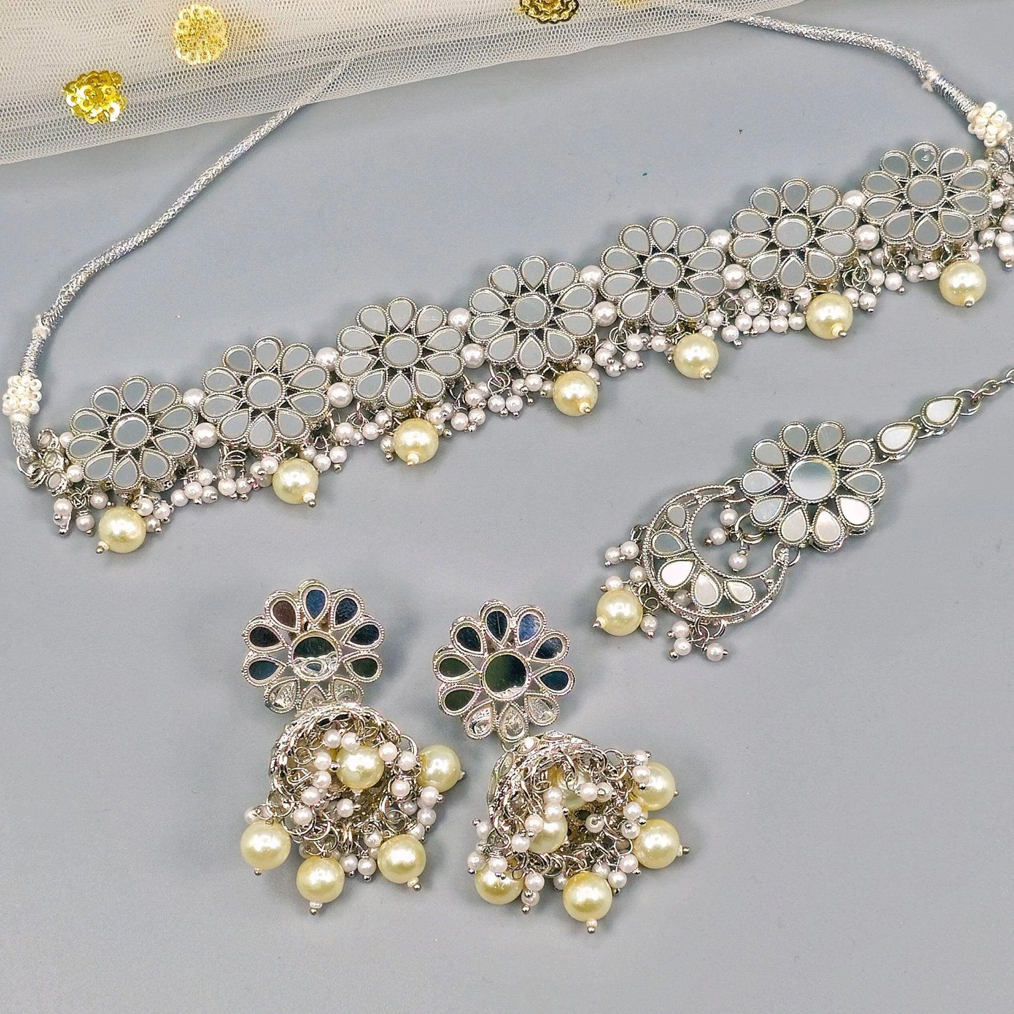 Manara Mirror Necklace Set - Silver