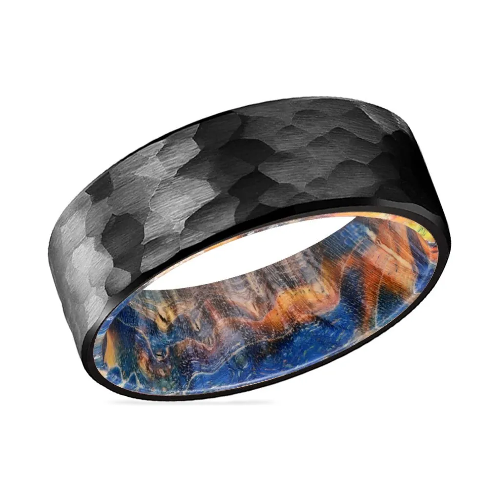 MASON | Blue & Yellow/Orange Wood, Black Tungsten Ring, Hammered, Flat
