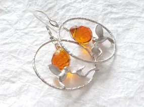 Matte Silver Plated Amber Color Crystal Briolette Hummingbird Earrings, Sweet Nectar Silver