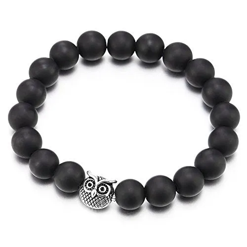 Mens Women 10MM Matt Black Onyx Beads Bracelet with Owl Charm, Stretchable