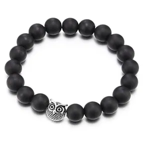 Mens Women 10MM Matt Black Onyx Beads Bracelet with Owl Charm, Stretchable
