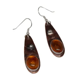Mixed Metal Copper and Argentium Teardrop Earrings with Amber Accents