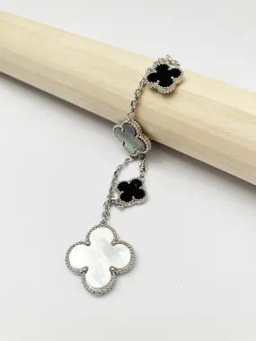 Mixed Mother of Pearl and Onyx Quatrefoil Motif Charm Bracelet in Silver