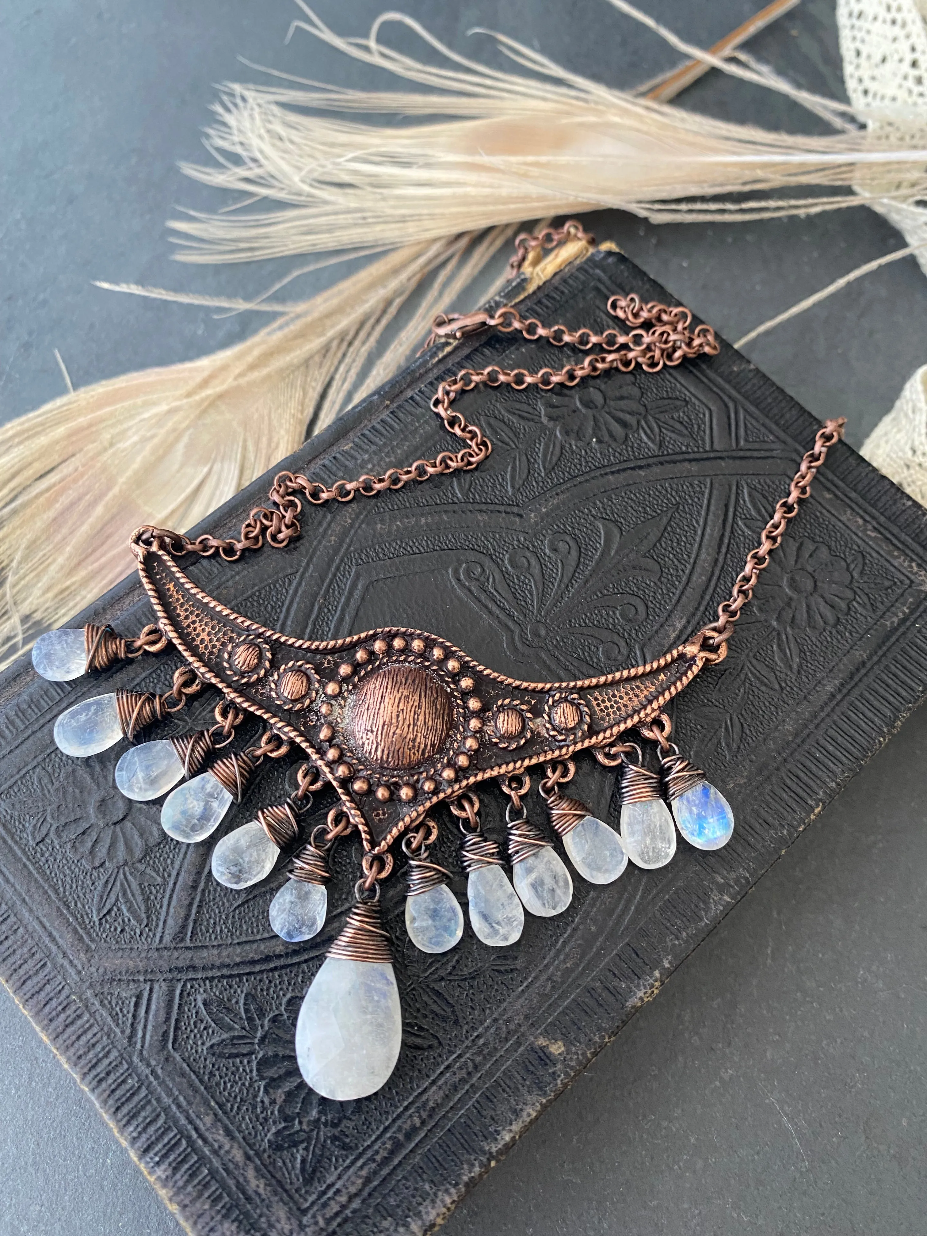 Moonstone and copper pendant, statement, necklace. Published in Belle Armoire Magazine.