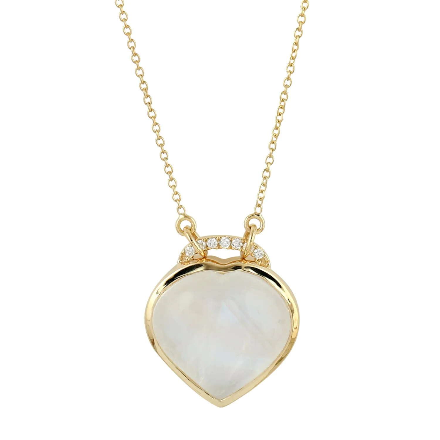 Moonstone Heart Shape Pave Diamond Handmade Princess Necklace In 18k Yellow Gold