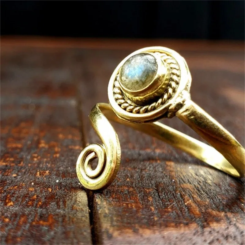 Moonstone Spiral Ring Gold Tone Exquisite Bohemian Gypsy Ring Great For Stacking Adjustable