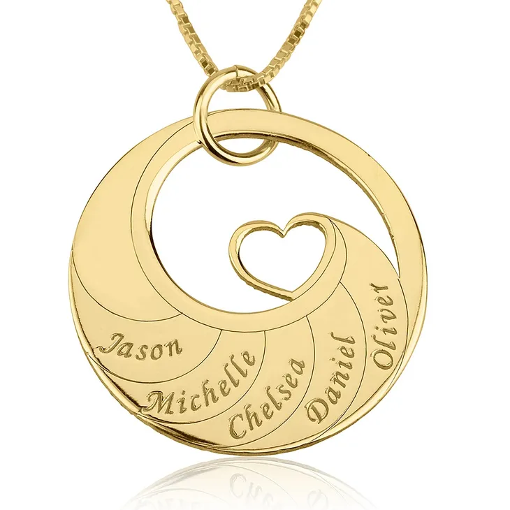 Mother's Heart Necklace with Engraved Names - 24k Gold Plated