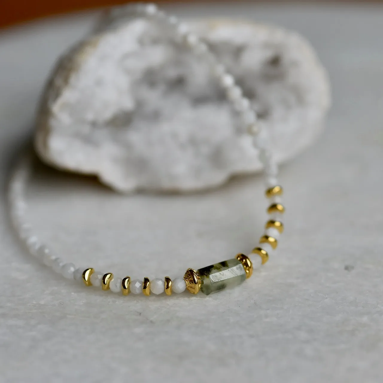 Natural Moonstone and Prehnite bead choker necklace