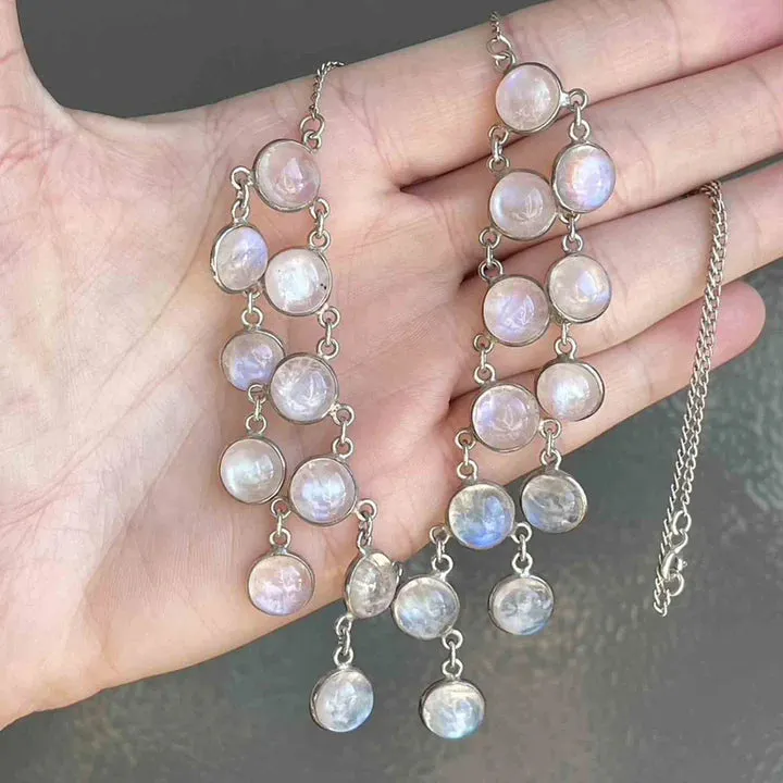Natural Rainbow Moonstone Vintage Fringe Bib  925 Sterling Silver Necklace