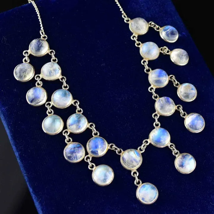 Natural Rainbow Moonstone Vintage Fringe Bib  925 Sterling Silver Necklace