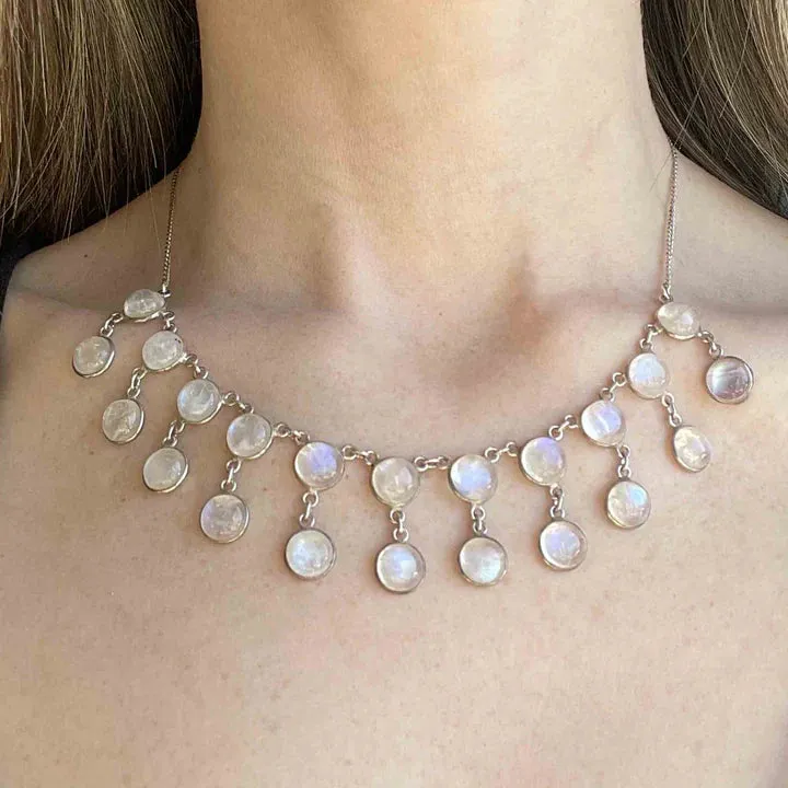 Natural Rainbow Moonstone Vintage Fringe Bib  925 Sterling Silver Necklace
