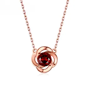 Natural Round Red Garnet Four Leaf Clover Pendant Sterling Silver Necklace