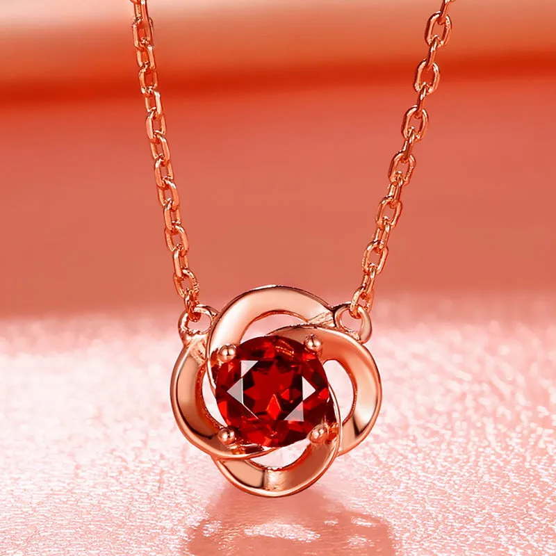 Natural Round Red Garnet Four Leaf Clover Pendant Sterling Silver Necklace