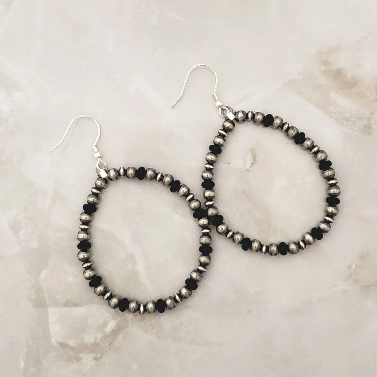 Navajo Pearls & Onyx Hoop Dangle Earrings Sterling Silver