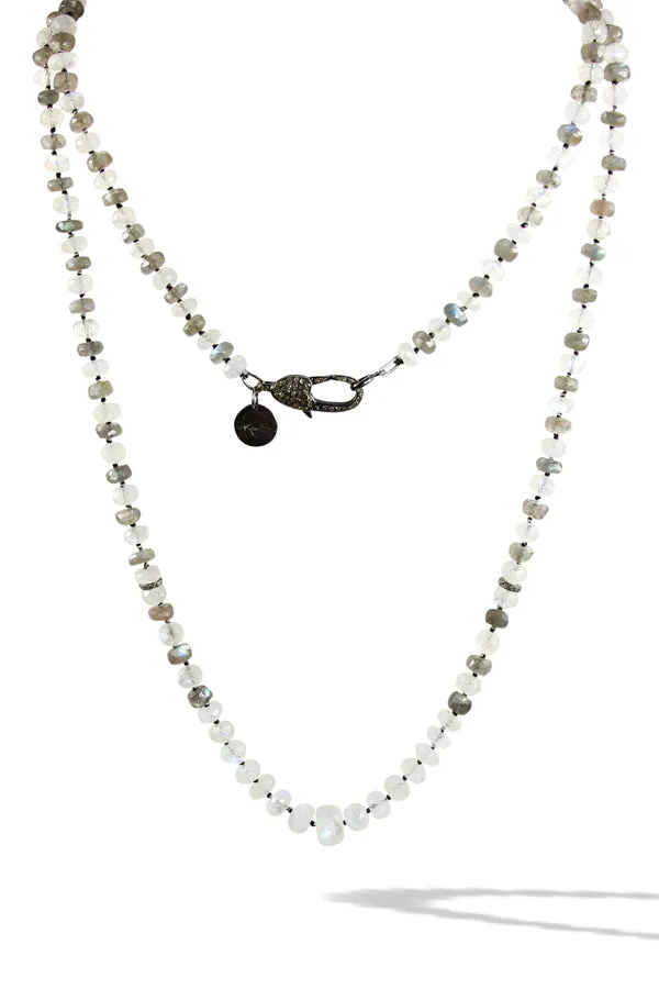 Necklace - Beaded Labradorite, Moonstone & Diamond Beads 40"