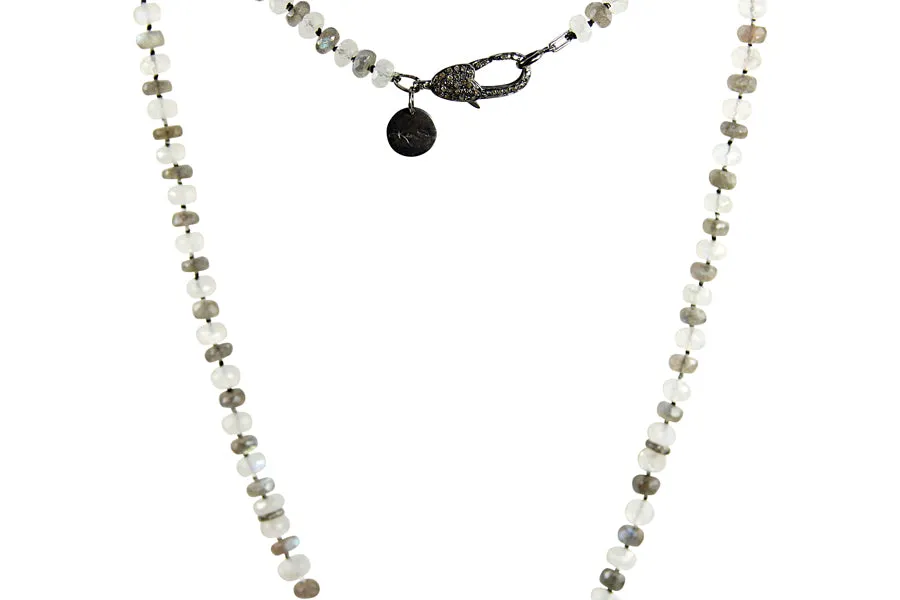Necklace - Beaded Labradorite, Moonstone & Diamond Beads 40"
