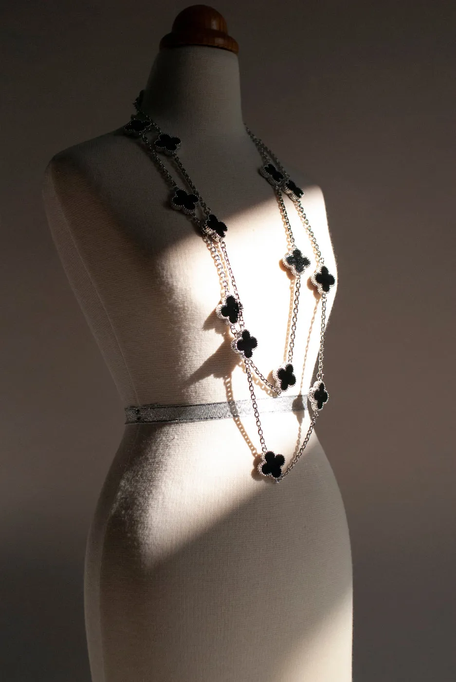 Onyx Quatrefoil Silver Plated Necklace