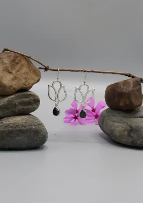 Onyx Teardrop Silver Plated Lotus Earrings