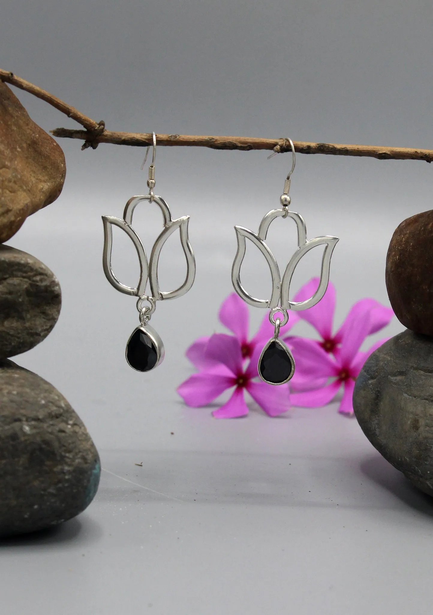 Onyx Teardrop Silver Plated Lotus Earrings