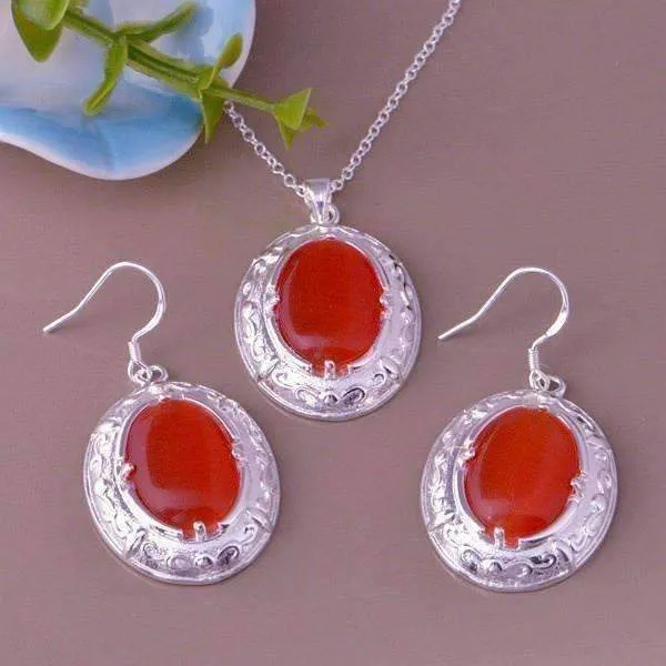 Orange Opalite Cat-Eye Matching Sterling Silver Necklace and Earrings Set