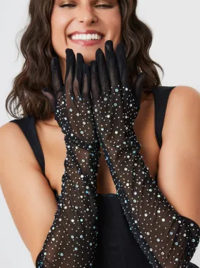 Over the Elbow Mesh Rhinestone Gloves in Black