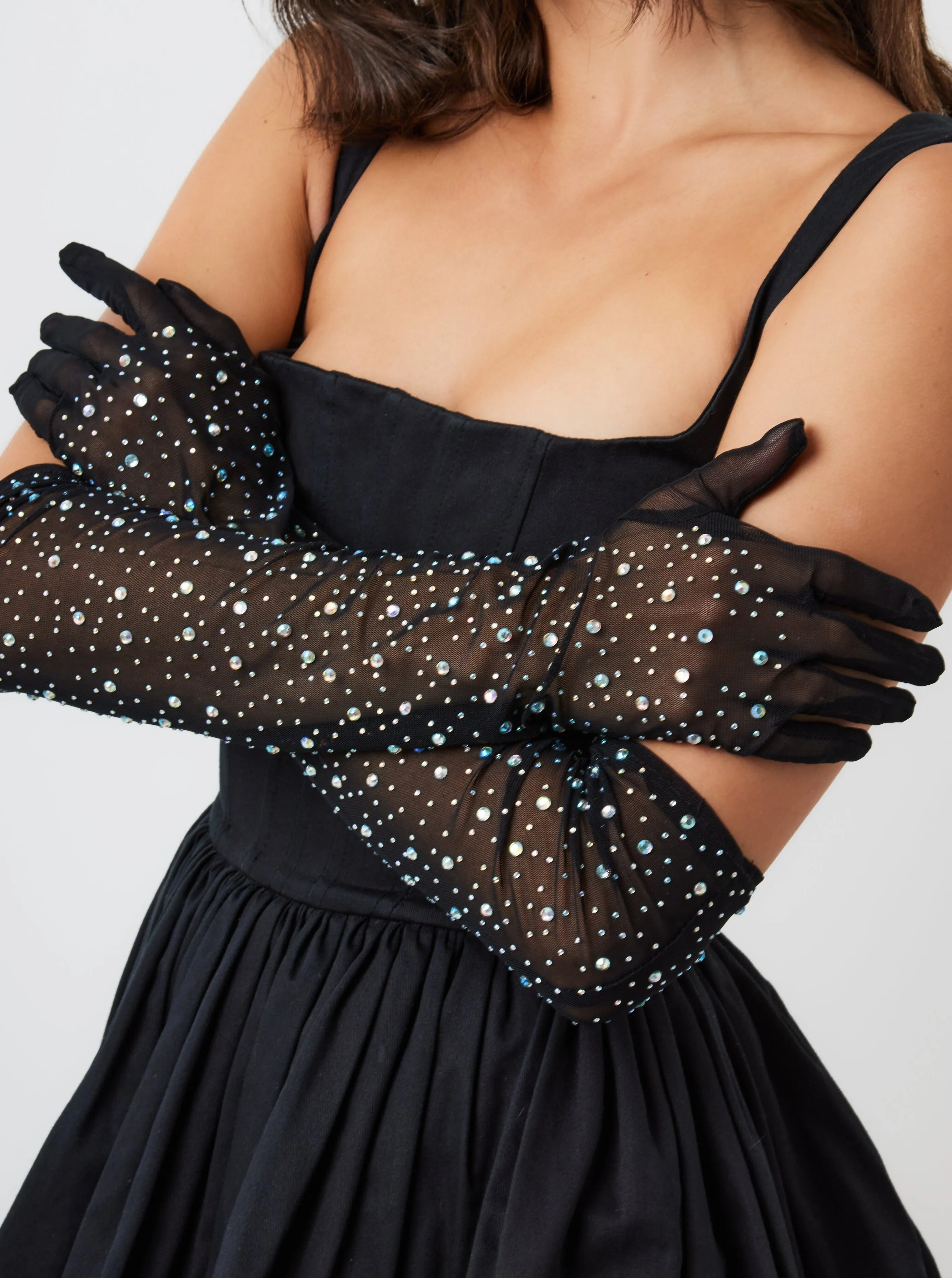 Over the Elbow Mesh Rhinestone Gloves in Black