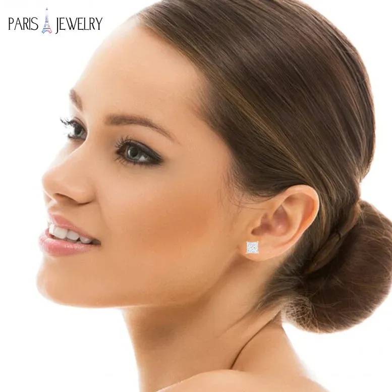 Paris Jewelry 14K Yellow Gold 1/2 Carat Princess Created Diamond Solitaire Stud Earrings
