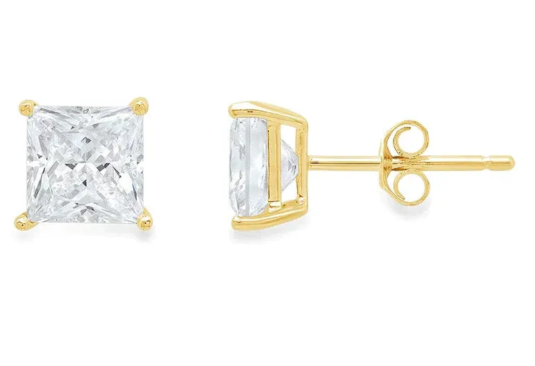 Paris Jewelry 14K Yellow Gold 1/2 Carat Princess Created Diamond Solitaire Stud Earrings