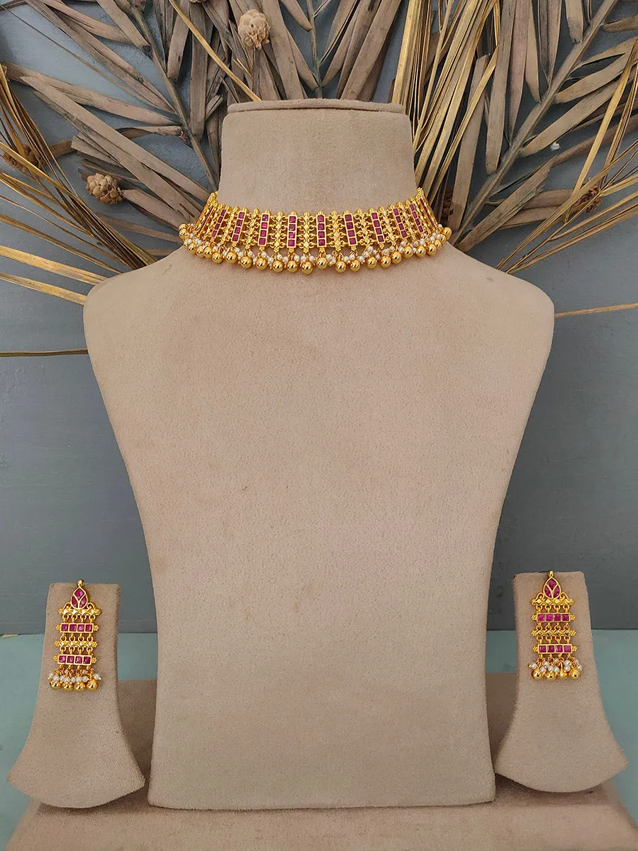 Pink Color Gold Plated Jadau Kundan Necklace Set - MS1341YP