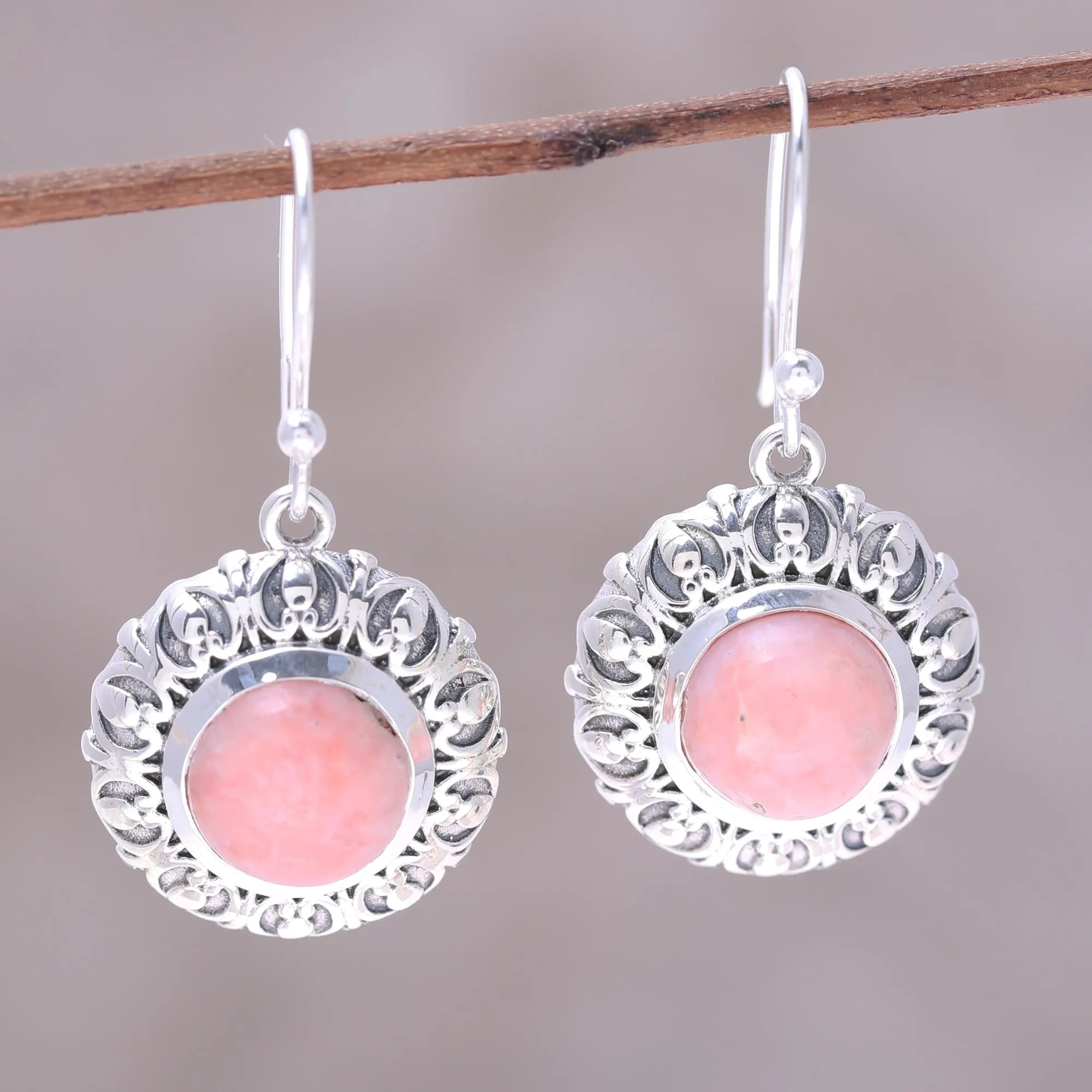 Pink Renewal Handcrafted Sterling Silver Pink Opal Round Dangle Earrings