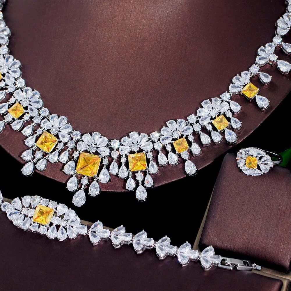 Popular dinner dress wedding bridal jewelry set light luxury necklace,earring,bracelets,ring 4 sets for women SZT0265